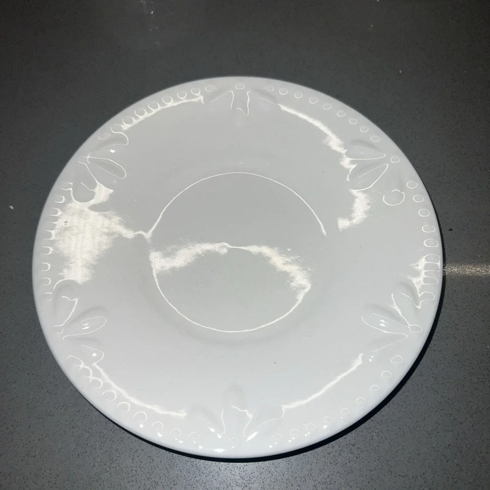 TOTALLY TODAY White on White Flat Cup & Saucer Embossed Fans Dots Set of 2